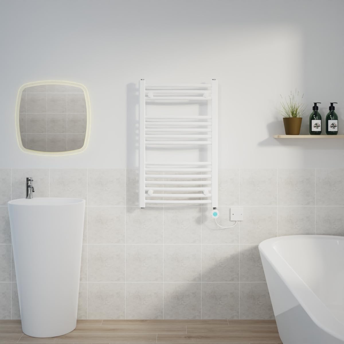 Warmehaus Electric Heated Towel Rail Curved White Thermostatic Bathroom Towel Radiator with Timer - 800x500mm 400W