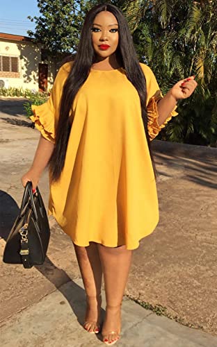 Image of Ekaliy Women's Casual Vintage Ruffle Sleeve Loose Party Midi Plus Size Dress Casual Summer