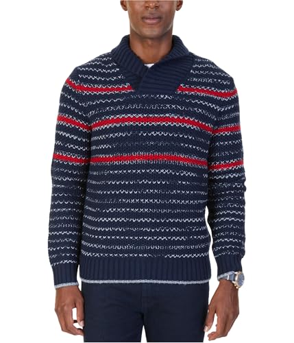 Nautica Men's Shawl Collar Striped Textured Knit Pullover Sweater (True Navy, Medium)