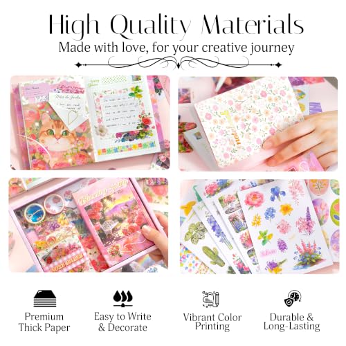 Image of The AutoStory Vintage Scrapbook Album Kit - A6 Junk Journal Notebook with Aesthetic Stickers, Collage Paper Pack & Washi Tape - DIY Journaling Supplies Gift for Teens & Girls (Blooming Spring, Pink)