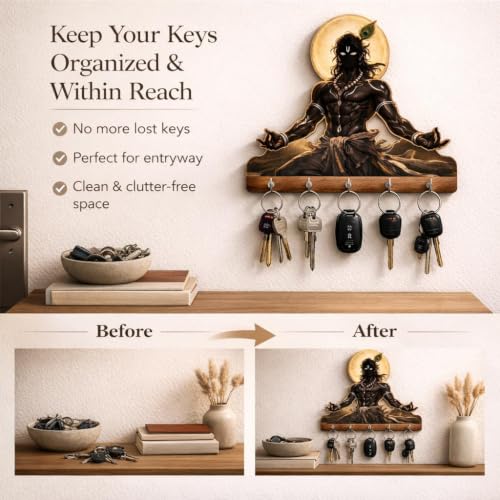 Image of DAKSHETSRY Artworks Lord Krishna Key Holder for Wall with 5 Hooks | Wooden Decorative Key Hanger for Home Entrance, Living Room & Office | Spiritual Wall Decor | Housewarming & Diwali Gift