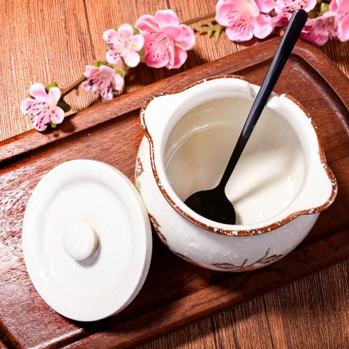 Whitenesser Ceramic Sugar Bowl with Lid and Spoon, Porcelain Sugar Container for Coffee Bar, Kitchen Countertop, Japanese Style Sugar Holder Sugar Pot for Salt Creamer, Dishwasher Safe (ny)