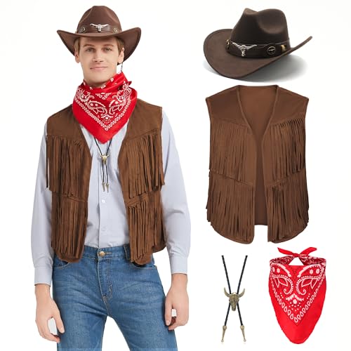 Il cappello è dotato di decorazioni in stile cowboy per un look western. La sciarpa quadrata con motivo vintage stampato ha molteplici usi: può essere utilizzata come fascia per capelli, maschera per il viso o fazzoletto da collo, per uno stile vintage versatile. La collana da cowboy mette in risalto il vostro abbigliamento e vi mette al centro dell'attenzione alla festa.