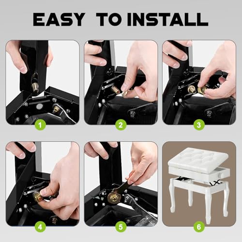 Jargrovs Klavierhocker,10-Knopf-Klavierbank aus verdicktem PU-Leder, klavierbank höhenverstellbar aus Massivholz mit gebogenen Beinen, einzelne Klavierbank mit Ablagefach,Piano Bench weiß Hochglanz