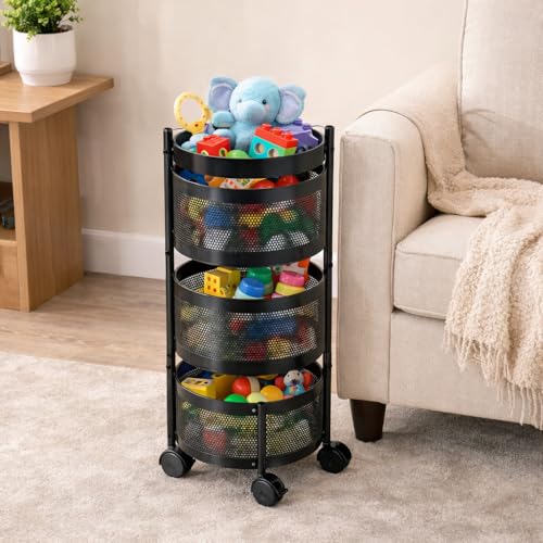 Image of RADIANT 3 Layer Multipurpose Plastic Trolley with Dish Rack for Kitchen Fruit Vegetable Storage Basket Kitchenware Food, Snacks, Toys, Tiered Shelf (Black) (Trolley Round-3 Layer)