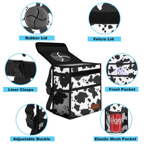 Image of Femuar Leak Proof Car Trash Can with Lid, Collapsible Hanging Waterproof Car Trash Bag with Mesh Pocket for SUV Front Seat Headrest, Large /Cow Print