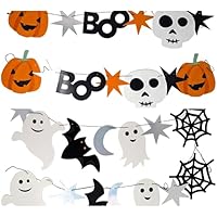 2 Pack Halloween Bunting – 4 Metres of Ghost, Pumpkin, Skull & Bat Garland – Pre-Strung Card Decorations for Halloween Parties, Windows, Classrooms & Homes