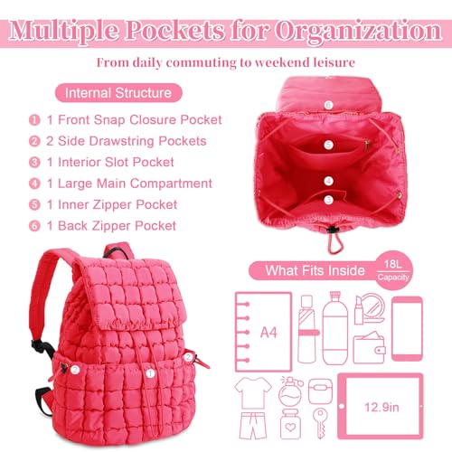 Image of Quilted Puffer Backpack for Women, Lightweight Soft Nylon Quilted Hiker Pack Top Flap Drawstring Backpack, Trendy Puffy Padding Gym Travel Bag for Casual Daypack Hiking Sport (Rose Red)