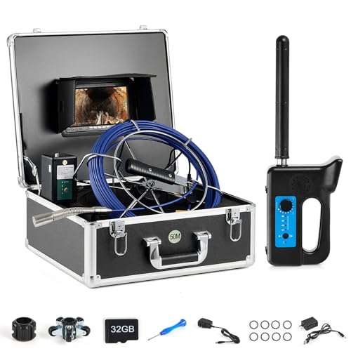 ZELCAN Self-Leveling Sewer Camera with Locator, Drain Camera 165FT with 7 in. LCD Screen, Waterproof IP68 Borescope Plumbing with 12 LED Lights, with 512Hz Transmitter and Receiver(32GB Card)