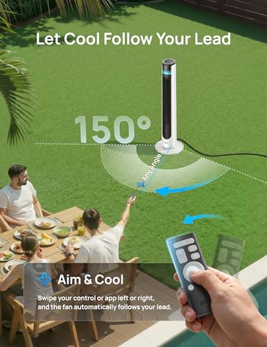 Image of DREO Smart Tower Fan for Outdoor & Indoor Use, 33 ft /s High Velocity, 12 Speeds, 4 Modes Standing Floor Fan, 150 Customizable Oscillating, 20 dB Quiet DC Motor for Bedroom, Weather Resistant