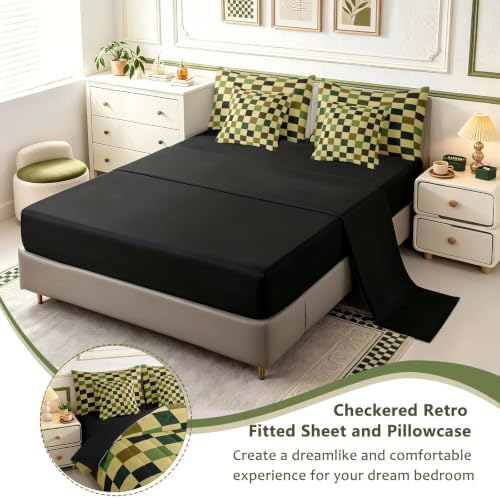 Image of Checkered Retro Comforter Set Twin Size 7 Pieces Hunter Green Plaid Bedding Set for Kids Boys Girls Geometric Camo Army Bed in a Bag Modern Hunting Groovy Aesthetic Bedroom Decor Quilted Lightweight