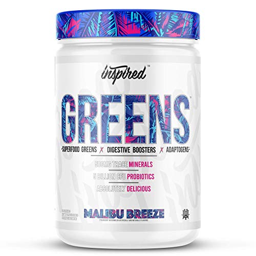Greens by Inspired Nutraceuticals | Flavored Superfood Powder with Adaptogens, Probiotics, Spirulina, Chlorella & Mushrooms (Malibu Breeze (Strawberry Watermelon), 30 Servings)