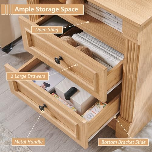 Image of Aitjunz 26 inch Tall 2 Drawers Dresser for Bedroom, Farmhouse 23.6 inch Wide Large Nightstand with Charging Station, Wood Rustic Side Table w /Roman Column, End Table for Bedroom, Living Room, Natrual