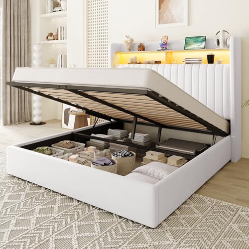 Image of Allewie Full Size Lift Up Storage LED Bed Frame, Charging Station, White