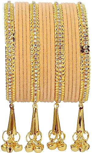 Image of NMII Metal with Zircon Gemstone and Velvet Studded Bells Latkan Bangles Set For Girls and Women I Latkan Bangles, Premium Bangle Bracelet Set I Pack of 16 Bangles