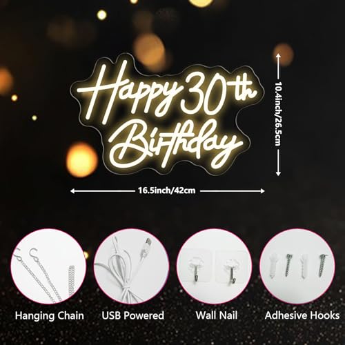 Image of Happy 30th Birthday Neon Sign For Birthday Party16.5 inch*10.5 inch Neon Happy Birthday Led Neon Light For Party Backdrop Wall Decor With Dimmable Switch Birthday Light Up Sign Birthday Gift