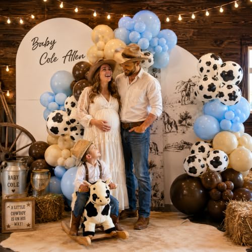 Image of HILAVO Cow Print Balloons, 12Inch Light Blue Brown Sand White and Cow Balloons for Boys Baby Shower Farm Western Cowboy Rodeo Story Birthday Party Decorations