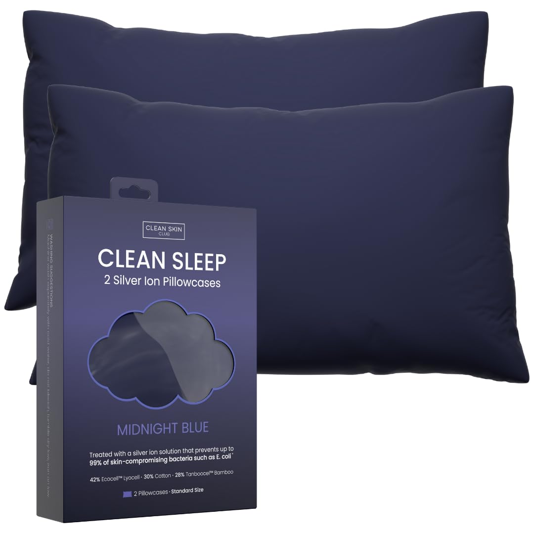 Clean Sleep Silver Ion Pillowcases, Hypoallergenic Pillowcases for Blemish-Prone & Sensitive Skin, Silver Ion Infused Plant-Based Fabric, Standard Size, 2 Pillow Covers, Blue