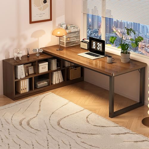 Escritorio de computadora en forma de L con estantes, escritorio de oficina en casa, mesa de estudio grande en forma de L con gabinete de almacenamiento, esquina de madera para juegos en espacios peq
