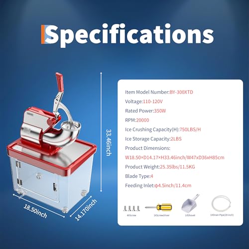 Commercial Ice Crusher 661LBS/H, 300W Electric Snow Cone Machine with 4 Stainless Steel Blades, 1450RPM, 8.98Gal Hopper Shaved Ice Maker with Safety On/Off Switch for Home, Restaurants, Bars, Red - image 8