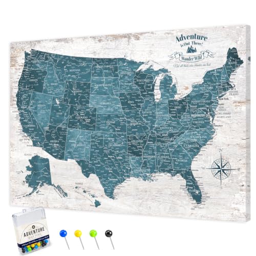 Image of IPIC Antique Blue US Travel Map with Pins, USA Map Pin Board, Size 42x28 in