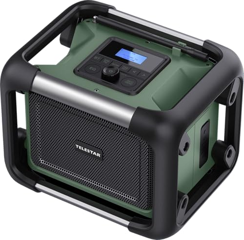 TELESTAR TOP OR 20 – Baustellenradio (Robustes Radio mit DAB+, Bluetooth Audio-Streaming, kompatibel mit Akkus von Makita, DeWalt, Bosch, Milwaukee, 80 W Stereo, USB, Akku-/Netzbetrieb) – Grün/Schwarz