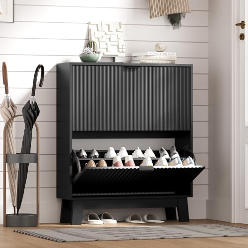 Image of HUANLEGO Shoe Cabinet Storage for Entryway with 2 Flip Drawers, Fluted Narrow Shoe Organizer with Wooden Legs, Freestanding Slim Shoe Storage Hidden Shoe Rack Organizer for Front Door Entrance, Black