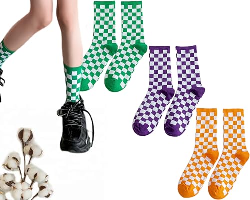 Image of CHUNFO Womens Plaid Vintage Socks Colorful Running Checkerboard Crew Socks Cotton Casual Size5-9.5