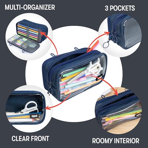 Image of ZIPIT Half & Half Pencil Case, 3 Compartment Zipper Pouch for School, Stationery Bag for Teen Girls Boys and Adults, Denim