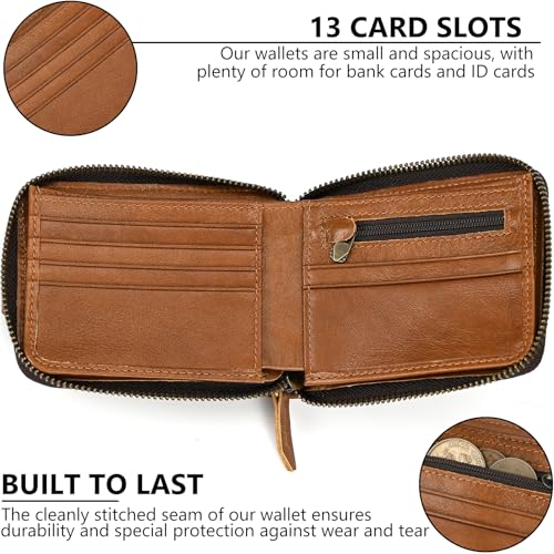Genuine Leather Zipper Wallet for Men, RFID Blocking Mens Wallet with Zipper Coin Pocket ID Window Zipper Wallets Large Capacity4