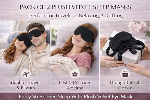 Image of Velvet Eye Sleep Mask for Men & Women Soft Light Blocking Sleeping Eye Mask with Adjustable Strap Travel Relaxation Eye Cover for Home Flight Deep Rest (Black PC 2)