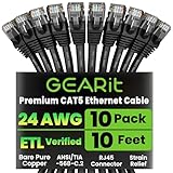 GearIt 10-Pack, Cat5e Ethernet Patch Cable 10 Feet - Snagless RJ45 Computer LAN Network Cord, Black