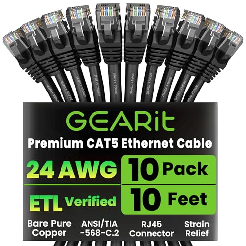 GearIt 10-Pack, Cat5e Ethernet Patch Cable 10 Feet - Snagless RJ45 Computer LAN Network Cord, Black