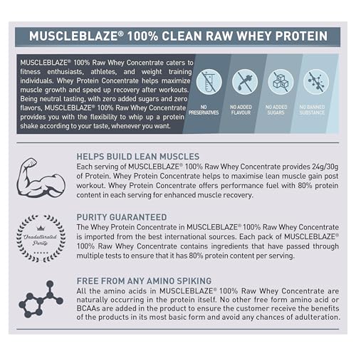 Image of MuscleBlaze 100% Clean Raw Whey Protein Concentrate (Unflavoured, 500g) | 24g Protein per Scoop | Easy to Digest