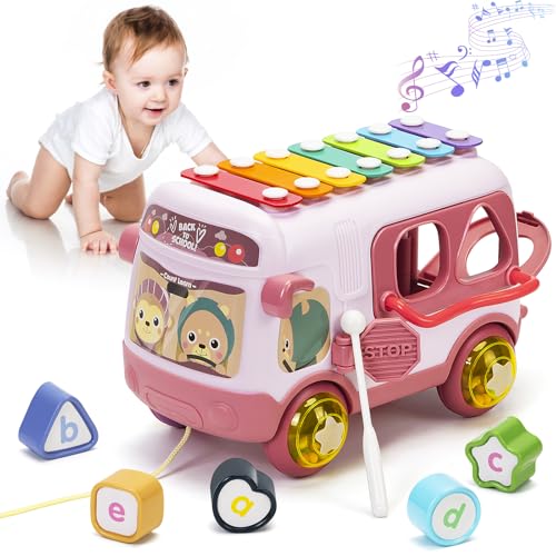 Toys Gifts for 1 Year Old Girls Baby Girl Toy 12 18 Months Musical Sensory Bus with Xylophone Shape Sorter Pull Along Toy for 12-18M Birthday Chirstmas Present