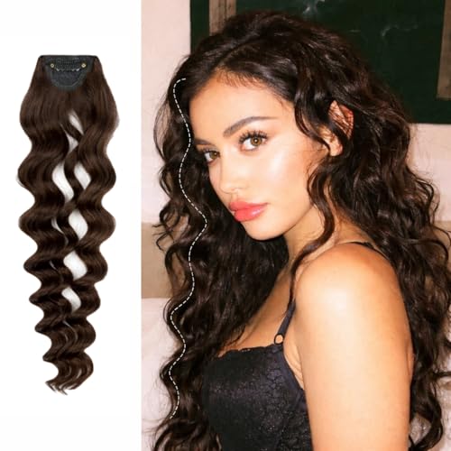 Image of Real 100% Natural Clip-In Curly Human Hair Extension Streak Strands | Premium Reusable Remy Instant Volume| Soft Lightweight Styling Fashion Party Daily Wear Damage-Free Blendable For Women Girls | Natural Black | 16inch (2Pc)