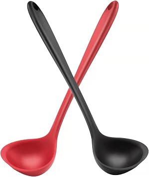 12" Silicone Ladle Spoon Set of 2, Long handle soup spoons Seamless & Nonstick, Heat resistant 600 F Kitchen Soup Ladles for Cooking.