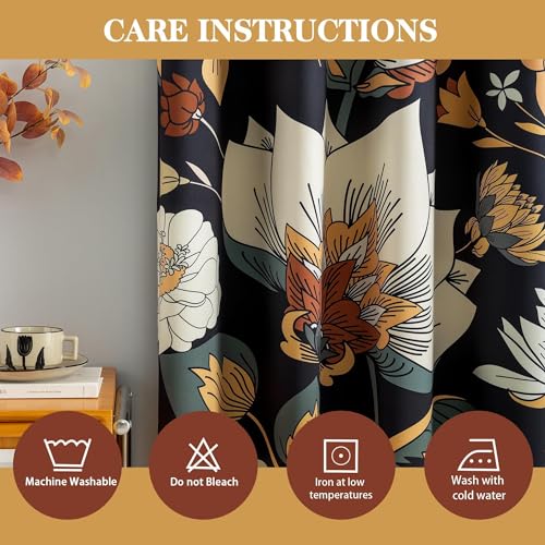 Image of Tyrot Black Boho Floral Grommet Blackout Curtains, 42W x 84L, 2 Panels | Fall Botanical, Thermal Insulated, Heat Blocking, Light Blocking Privacy, Drapes for Bedroom and Living Room, Heavyweight