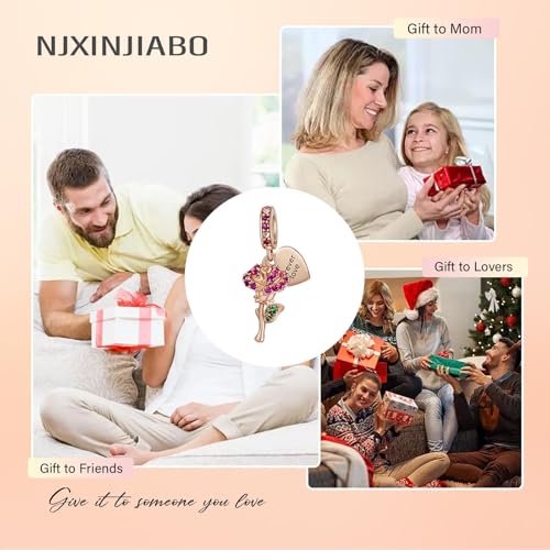 Image of S925 Sterling Silver Rose Gold Romantic Charm Pendant, Gifts for Family Friends Girlfriend, Valentine's Day Birthday Christmas Anniversary, Bracelet Necklace Bead Dangle Charm for Women Jewelry