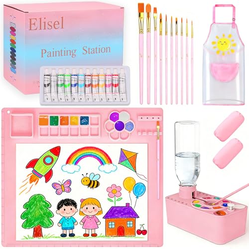 Elisel Painting Station 5 IN 1 Art Paint Supplies Kits Paint Brush Cleaner (Upgraded) Silicone Painting Mat 12 Colors Paint Set 10 Paint Brushes Painting Apron for Kids Artist Beginners (Pink 5)