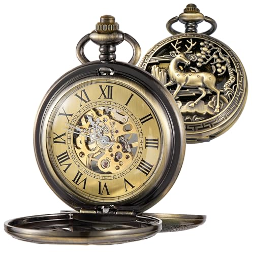 Image of Vintage Gold Double Sides Open Case Mechanical Men's Pocket Watch,Double Face Roman Dial Clock Hand Wind Pocket Watch for Men with FOB Chain