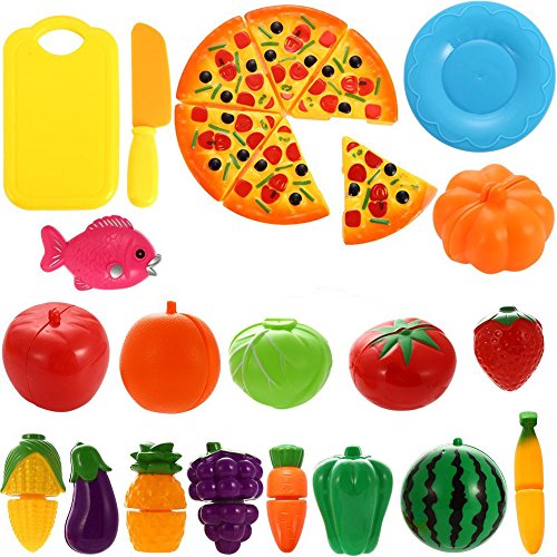 NIWWIN 24 PCS Spiel Essen Set für Kinder Kunststoff Schneiden Pizza Obst und Gemüse vorgeben Spielen Set