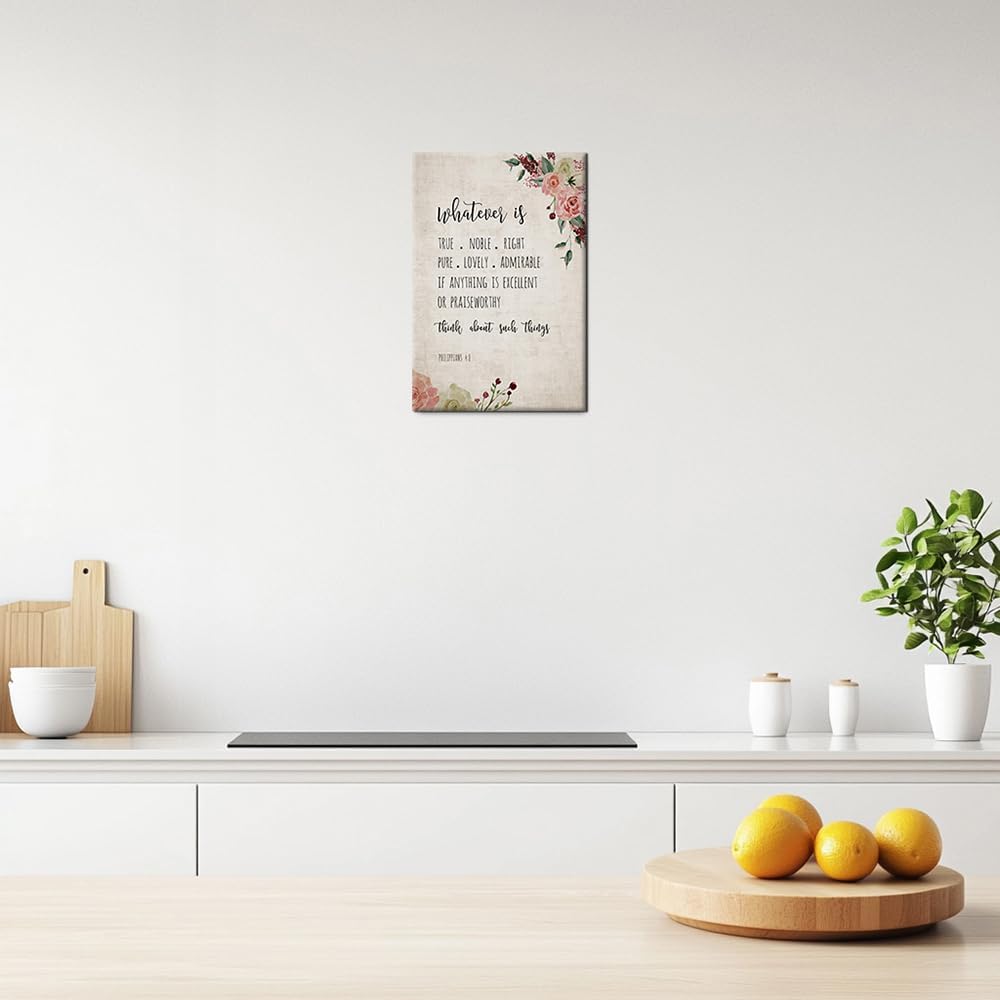 Zhefoart Whatever Is True Philippians 4 8 Wall Art Bible Verses Wall Decor Vintage Framed Painting Canvas Wall Artwork for Home Office 12x18 inches