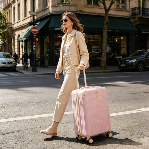 Image of Hardshell Luggage Sets, Lightweight Stripes Suitcases with Spinner Wheels, Pink