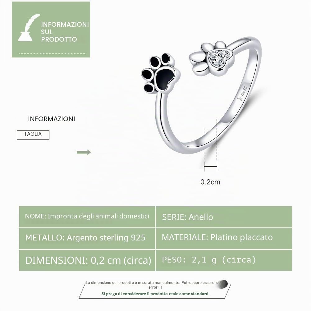 Anello a forma di zampa di cucciolo di cane, gatto, animale domestico, in argento Sterling 925 per donne e ragazze, regolabile con zirconi finti, promessa di fidanzamento, gioielli alla moda regalo