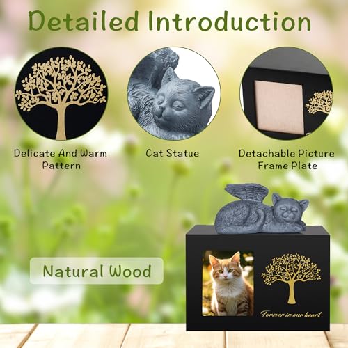 DiDiBirDi Cat Urns for Ashes, Tree Pattern Wooden Keepsake with Photo Frame, Pet Urn Memory Box with Resin Animal Statue and Sealed Storage Bags (75lbs)?Black?