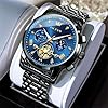 OLEVS Mens Watches Black Analog Quartz Band Stainless Steel Blue Face Chronograph Men's Wrist Watch Classic Roman Numerals Dress Watches for Men Luxury Diamond Luminous Waterproof Watch for Mens #3