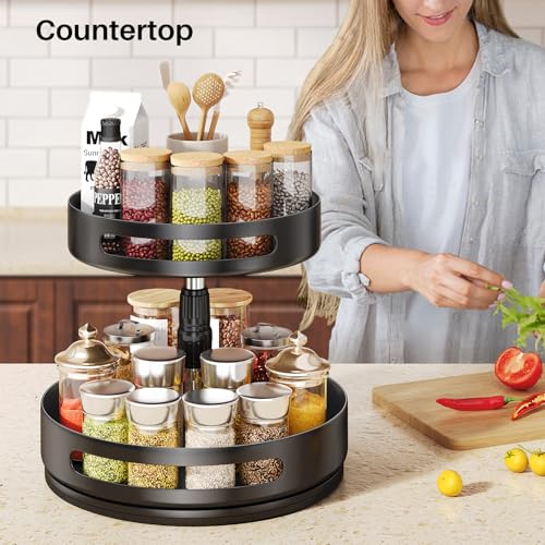 Sayzh ALX-XZTLP2T-25D Lazy Susan Spice Rack Organizer For Cabinet - 2 Tier Height Adjustable Seasoning Organizer Metal Lazy Rotating Turntable Spice Organization thumb #6