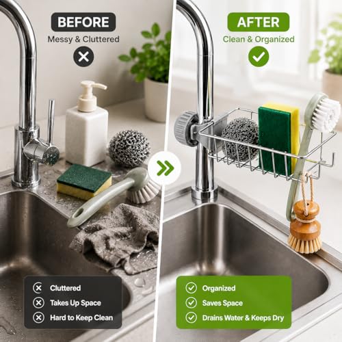 Image of Faucet Mounted Sponge Holder for Kitchen Sink - Stainless Steel Tap Storage Rack Organizer | Adjustable Clamp Basket for Scrubber, Soap, Dishwashing Accessories | Kitchen Sink Organiser