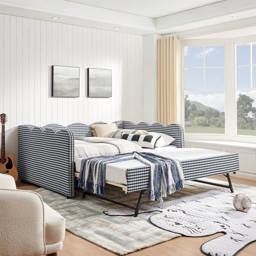 Image of KEIKI Full Size Upholstery Gingham Daybed with Trundle and USB, Navy